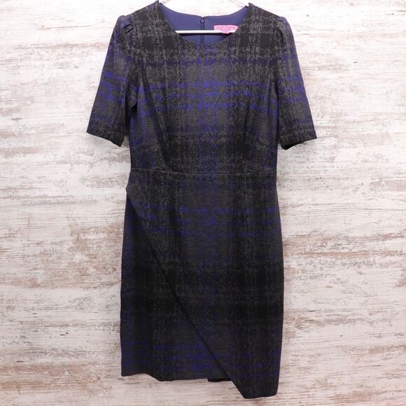 Betsey Johnson Dresses & Skirts - Betsey Johnson BLUE WRAP Plaid DRESS Short Elbow Sleeves Pixel LINED Size 8